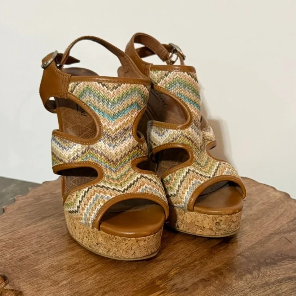 Lucky Brand Riedel2 Wedge Sandals Womens 7 Brown Woven Chevron Platform Coastal